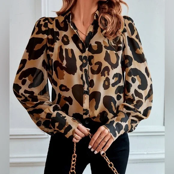 Leopard Print Sheer Button Down Shirt Top Blouse - Picture 5 of 6